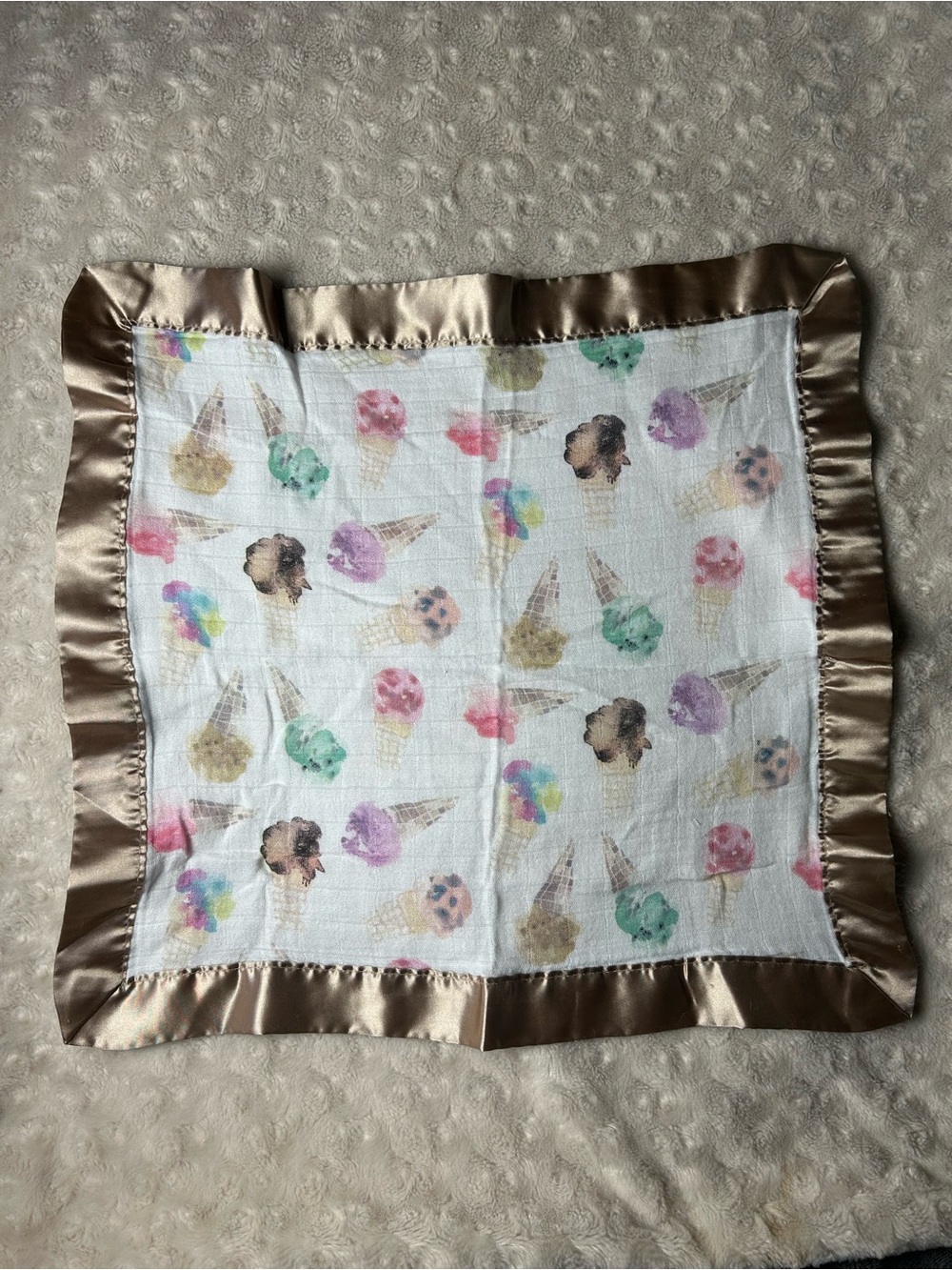 Lulujo Ice Cream Cone Lovey Security Blanket Silky Satin Edge White Tan Pink